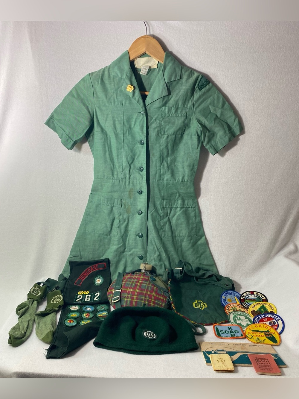 Vintage 1970’s Girl Scout Uniform Lot Dress, Sash, Canteen, Merit Badges & More